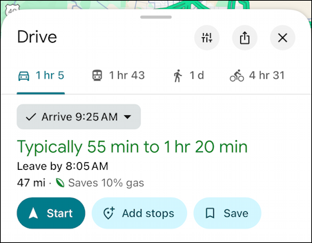 google maps deferred departure arrival directions - route shown