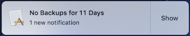 time machine no backup for days - 11 day alert