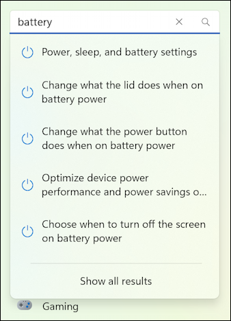 win11 camera battery settings - settings search for 'battery'