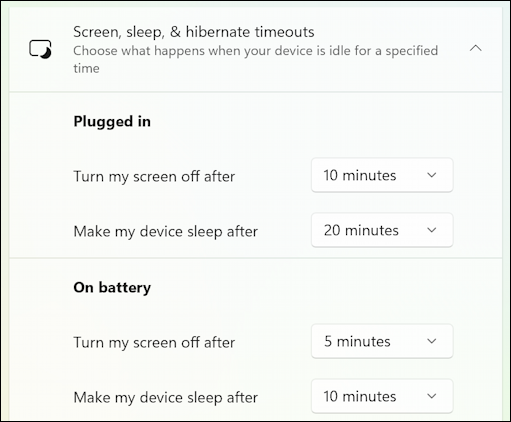 win11 camera battery settings - sleep / hibernation settings