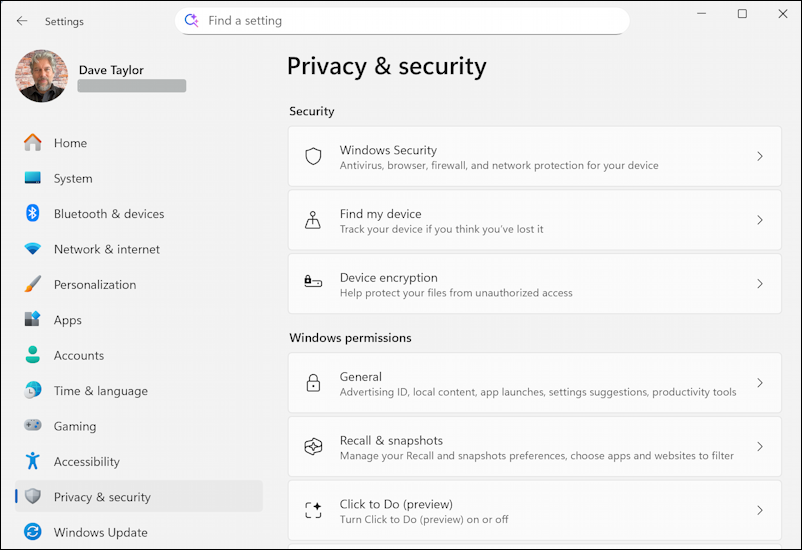 win11 encrypt drive enable recall - settings > privacy & security