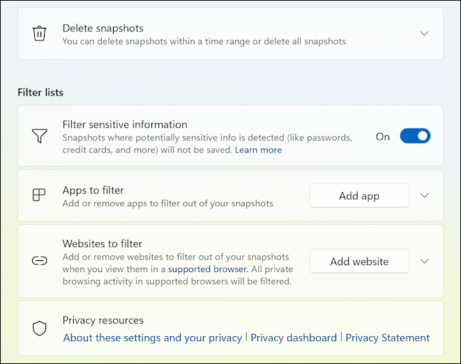 win11 encrypt drive enable recall - filter ignore settings website app