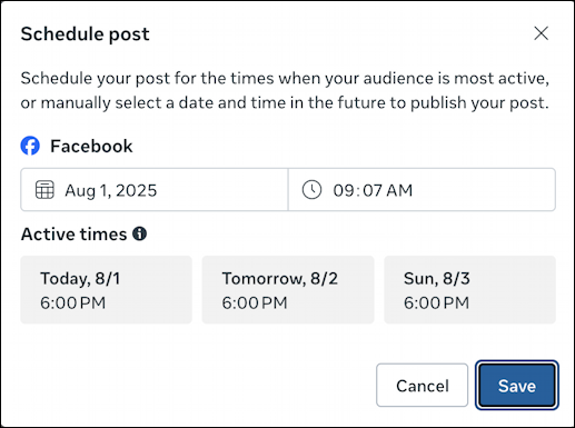 facebook meta business suite - active times suggested for scheduler
