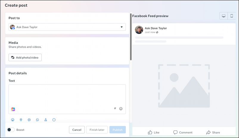 facebook meta business suite - empty 'create post' page
