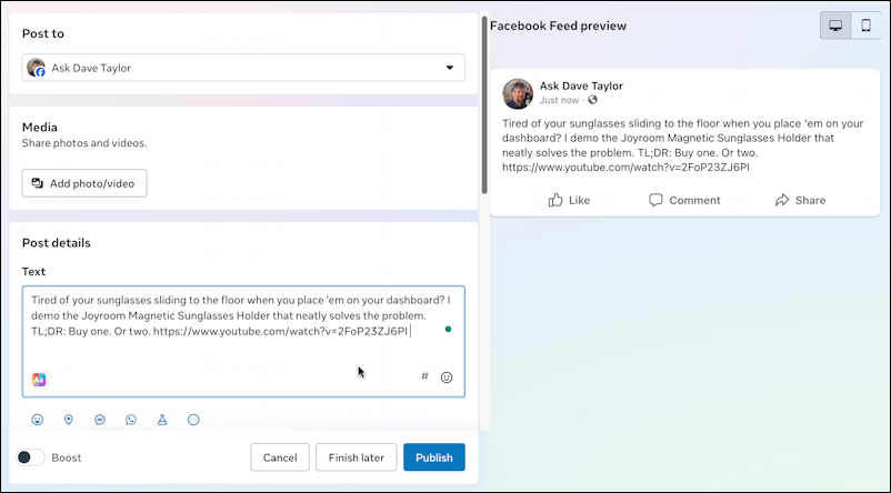 facebook meta business suite - create post with basic text entry