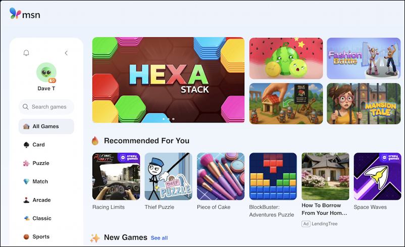 microsoft edge msn.com games - home screen