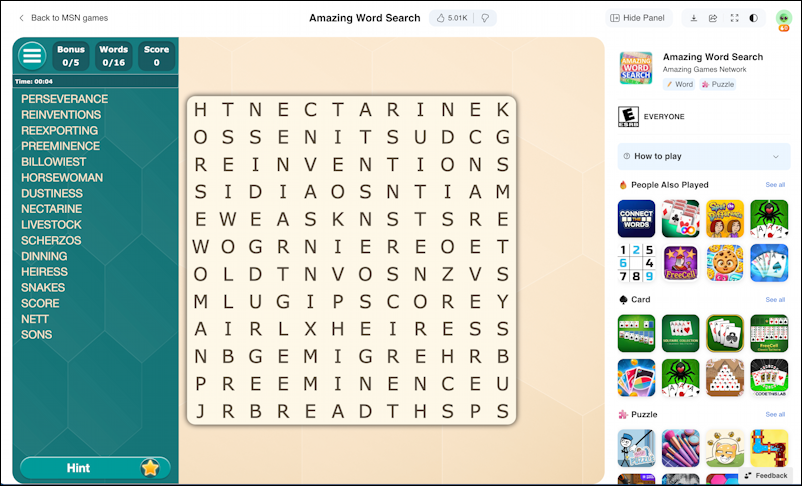 microsoft edge msn.com games amazing word search - home screen puzzle