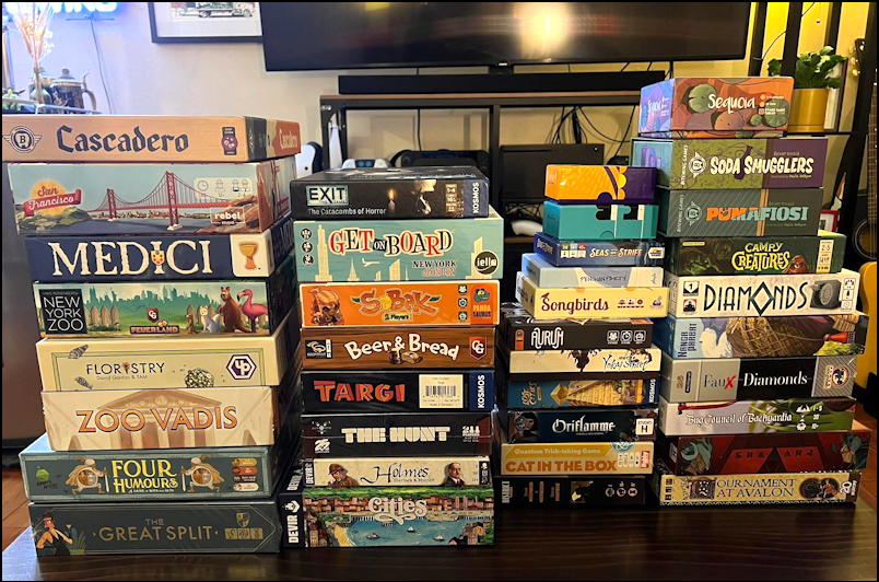 piles of boardgames from facebook