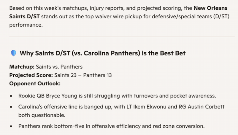 win11 edge copilot image analysis - fantasy football - best defense trade?