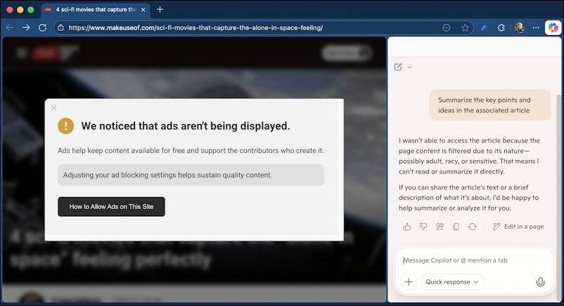 ChatGPT within Microsoft Edge cannot by itself, sidestepped content block blocks