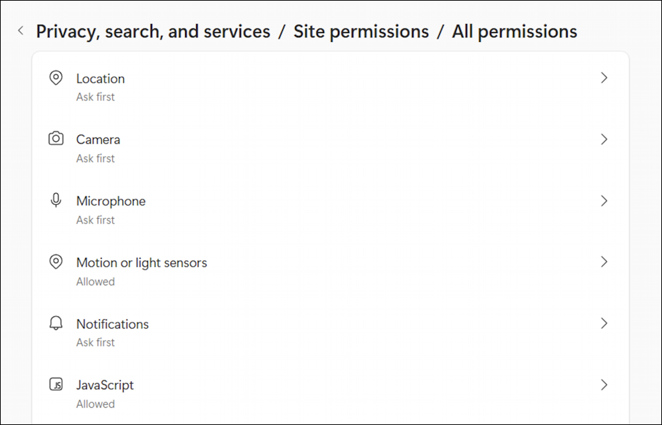 Microsoft Edge Windows 11 website notification - settings all permissions