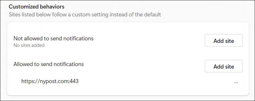 Microsoft Edge Windows 11 website notification - sites granted permission to show notifications