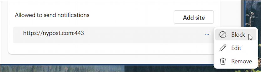 Microsoft Edge Windows 11 website notification - Block notifications from a website